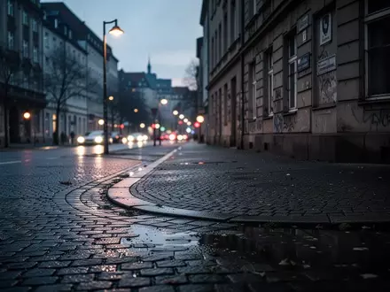 Eine menschenleere, düstere städtische Straßenecke bei Dämmerung mit Kopfsteinpflaster und reflektierendem Licht. - Foto: über boerse-global.de