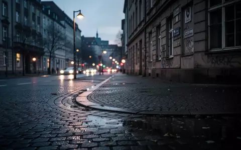 Eine menschenleere, düstere städtische Straßenecke bei Dämmerung mit Kopfsteinpflaster und reflektierendem Licht. - Foto: über boerse-global.de