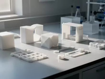 Abstrakte modulare Bauteile auf einem hellen Labortisch, die technologische Innovation und Designkonzepte symbolisieren. - Foto: über boerse-global.de