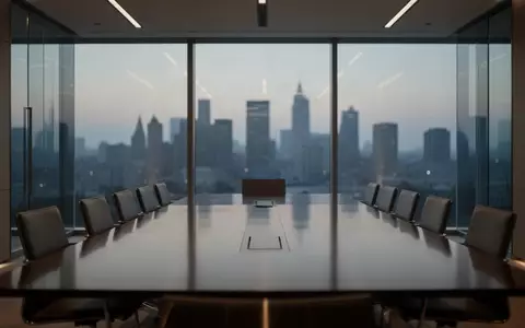 Moderner, minimalistischer Konferenzraum mit Blick auf eine nächtliche Skyline, der eine Atmosphäre diplomatischer Verhandlungen widerspiegelt. - Foto: über boerse-global.de