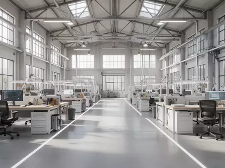 Ein heller, barrierefreier Arbeitsbereich in einer modernen Industriehalle mit viel Tageslicht und ergonomischer Gestaltung. - Foto: über boerse-global.de
