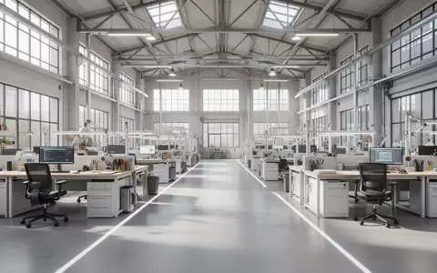 Ein heller, barrierefreier Arbeitsbereich in einer modernen Industriehalle mit viel Tageslicht und ergonomischer Gestaltung. - Foto: über boerse-global.de