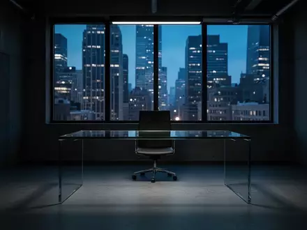 Ein minimalistisches, modern eingerichtetes Büro mit einer leeren Schreibtischfläche und abendlichem Stadtlicht im Hintergrund. - Foto: über boerse-global.de