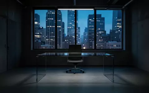 Ein minimalistisches, modern eingerichtetes Büro mit einer leeren Schreibtischfläche und abendlichem Stadtlicht im Hintergrund. - Foto: über boerse-global.de