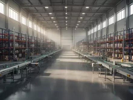 Ein weitläufiges, leeres und modernes Logistikzentrum mit Hochregalen und Förderbändern in einer Industriehalle. - Foto: über boerse-global.de
