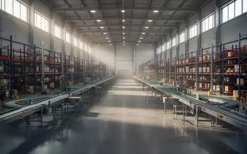 Ein weitläufiges, leeres und modernes Logistikzentrum mit Hochregalen und Förderbändern in einer Industriehalle. - Foto: über boerse-global.de