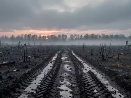 Eine weitläufige, schlammige und von Kampfspuren gezeichnete Landschaft in der Region Donezk bei Dämmerung. - Foto: über boerse-global.de