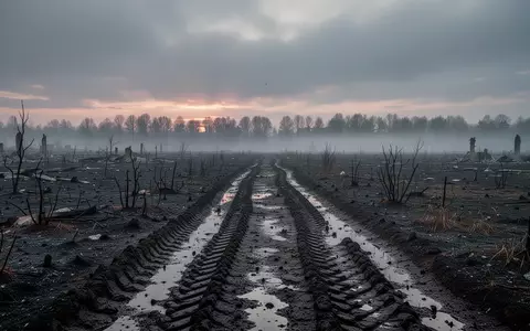 Eine weitläufige, schlammige und von Kampfspuren gezeichnete Landschaft in der Region Donezk bei Dämmerung. - Foto: über boerse-global.de