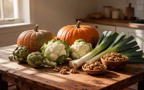 Eine Auswahl an herbstlichem Gemüse wie Kürbis, Blumenkohl, Artischocken und Nüsse auf einem Holztisch bei natürlichem Licht. - Foto: über boerse-global.de