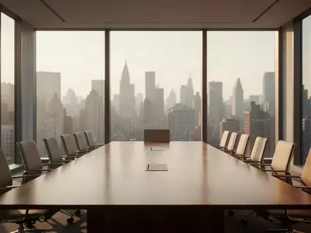 Ein minimalistischer, leerer Konferenzraum mit modernem Mobiliar und großen Fenstern mit Blick auf eine Stadtkulisse. - Foto: über boerse-global.de