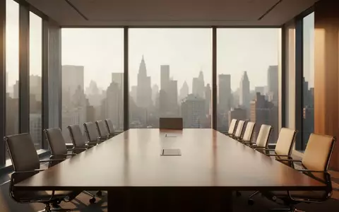 Ein minimalistischer, leerer Konferenzraum mit modernem Mobiliar und großen Fenstern mit Blick auf eine Stadtkulisse. - Foto: über boerse-global.de