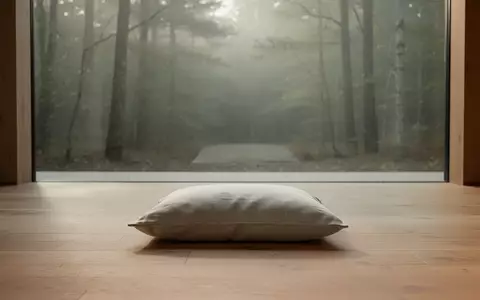 Ein minimalistischer, lichtdurchfluteter Raum mit einem einzelnen Meditationskissen auf einem Holzboden vor einem Fenster. - Foto: über boerse-global.de