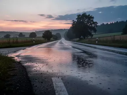 Eine leere, regennasse Landstraße in der Dämmerung, die eine nachdenkliche Atmosphäre für die Debatte um Verkehrssicherheit schafft. - Foto: über boerse-global.de