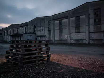 Ein verlassenes Industriegebäude bei Dämmerung mit leeren Holzpaletten auf einem Kiesplatz. - Foto: über boerse-global.de