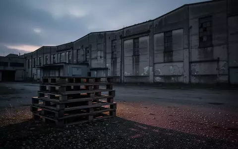 Ein verlassenes Industriegebäude bei Dämmerung mit leeren Holzpaletten auf einem Kiesplatz. - Foto: über boerse-global.de