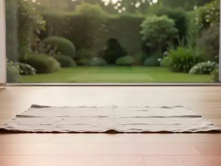 Ein minimalistischer, ruhiger Raum mit einer Matte auf einem Holzboden und Blick in einen grünen Garten. - Foto: über boerse-global.de