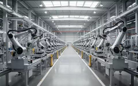 Eine moderne, weitläufige Automobilfabrik mit Fertigungsstraßen und Industrierobotern bei natürlichem Licht. - Foto: über boerse-global.de