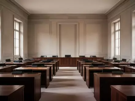 Ein leerer, minimalistisch gestalteter Konferenzraum in einem europäischen Regierungsgebäude mit Tageslichteinfall. - Foto: über boerse-global.de