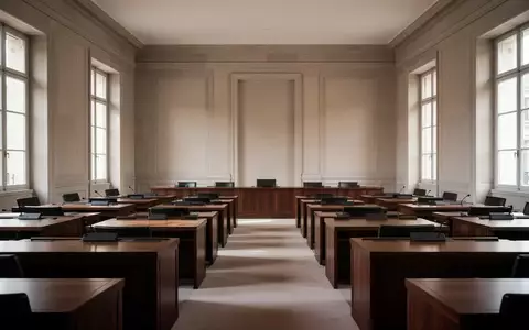 Ein leerer, minimalistisch gestalteter Konferenzraum in einem europäischen Regierungsgebäude mit Tageslichteinfall. - Foto: über boerse-global.de