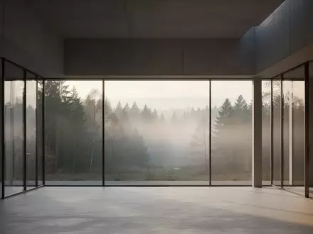 Ein minimalistischer, moderner Innenraum mit Blick auf einen nebligen Wald bei Morgendämmerung. - Foto: über boerse-global.de