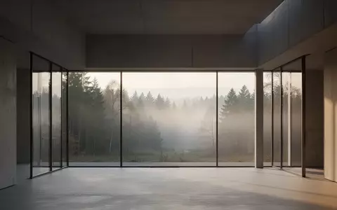 Ein minimalistischer, moderner Innenraum mit Blick auf einen nebligen Wald bei Morgendämmerung. - Foto: über boerse-global.de