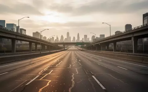 Eine leere mehrspurige Autobahn in New York bei goldenem Licht mit Blick auf eine städtische Infrastruktur. - Foto: über boerse-global.de