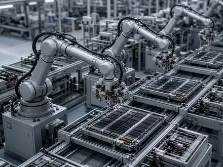 Automatisierte Produktionsstraße für Lithium-Ionen-Batterien in einer modernen Fabrik. - Foto: über boerse-global.de