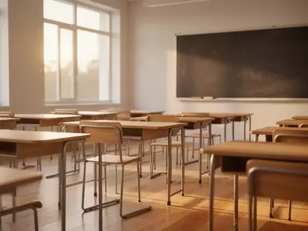 Ein heller, moderner Klassenraum mit Holztischen und einfallendem Sonnenlicht in einer Schule. - Foto: über boerse-global.de