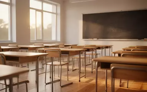 Ein heller, moderner Klassenraum mit Holztischen und einfallendem Sonnenlicht in einer Schule. - Foto: über boerse-global.de