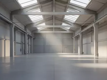 Ein minimalistisches, lichtdurchflutetes Industriegebäude mit hohen Decken und Betonboden ohne Personen. - Foto: über boerse-global.de