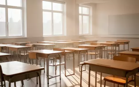 Ein heller, minimalistischer Klassenraum mit leeren Holztischen und sanftem Tageslicht, das eine ruhige Lernatmosphäre schafft. - Foto: über boerse-global.de