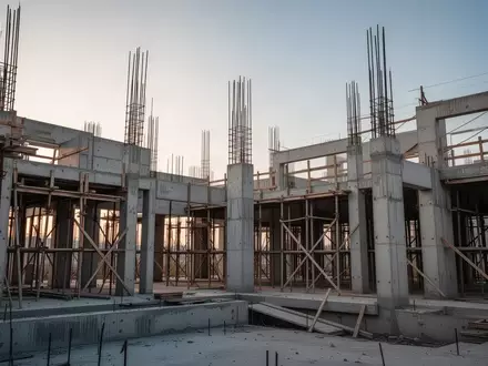 Rohbau einer modernen Baustelle mit Stahlbetonstrukturen und Gerüsten im Morgenlicht. - Foto: über boerse-global.de