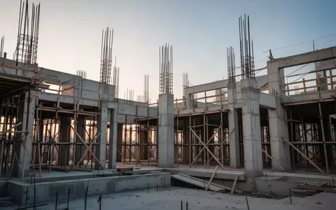 Rohbau einer modernen Baustelle mit Stahlbetonstrukturen und GerĂĽsten im Morgenlicht. - Foto: ĂĽber boerse-global.de