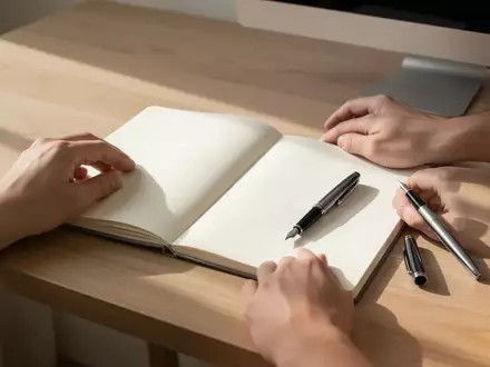 Ein minimalistischer Arbeitsplatz mit einem offenen Notizbuch und einem Füllfederhalter auf einem hellen Holztisch bei natürlichem Licht. - Foto: über boerse-global.de