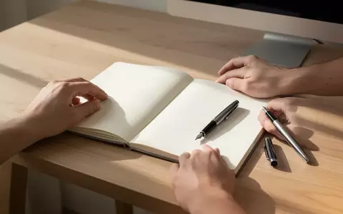 Ein minimalistischer Arbeitsplatz mit einem offenen Notizbuch und einem Füllfederhalter auf einem hellen Holztisch bei natürlichem Licht. - Foto: über boerse-global.de