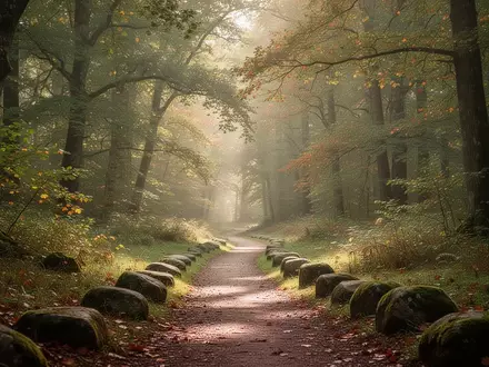 Ein friedlicher Waldweg in einer grünen Landschaft mit weichem Morgenlicht, der zum Wandern und zur Achtsamkeit einlädt. - Foto: über boerse-global.de