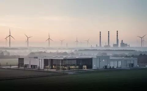 Ein modernes Industriegebäude in einer ruhigen Landschaft mit Windrädern im Hintergrund bei Dämmerung. - Foto: über boerse-global.de