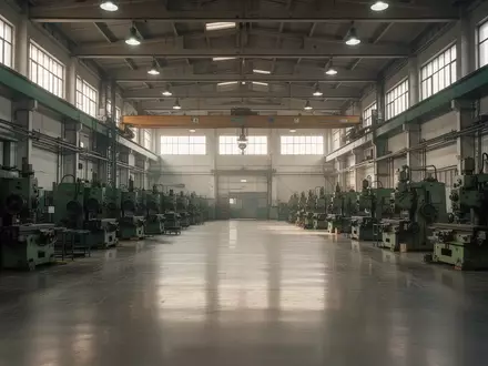 Leere Industriehalle einer großen Fertigungsstätte mit massiven Maschinen und kühlem Tageslichteinfall. - Foto: über boerse-global.de