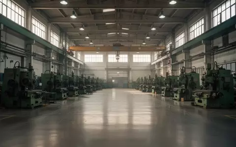 Leere Industriehalle einer großen Fertigungsstätte mit massiven Maschinen und kühlem Tageslichteinfall. - Foto: über boerse-global.de