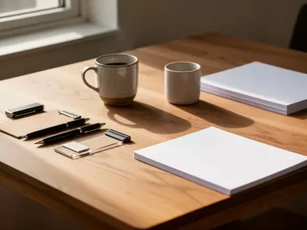 Ein minimalistischer, sonnendurchfluteter Schreibtisch mit Schreibutensilien und einer Kaffeetasse in natürlichem Licht. - Foto: über boerse-global.de