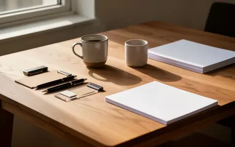 Ein minimalistischer, sonnendurchfluteter Schreibtisch mit Schreibutensilien und einer Kaffeetasse in natürlichem Licht. - Foto: über boerse-global.de