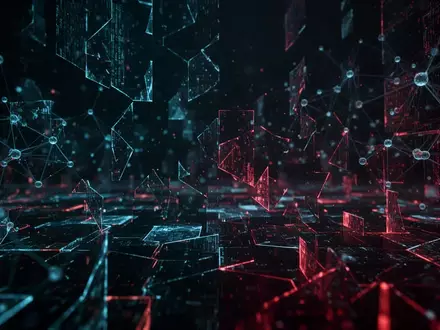 Abstrakte digitale Landschaft mit leuchtenden Netzwerkknoten und fragmentierten Geometrien als Symbol für Cyber-Bedrohungen. - Foto: über boerse-global.de