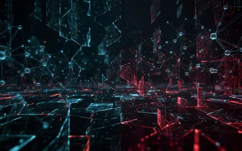 Abstrakte digitale Landschaft mit leuchtenden Netzwerkknoten und fragmentierten Geometrien als Symbol für Cyber-Bedrohungen. - Foto: über boerse-global.de