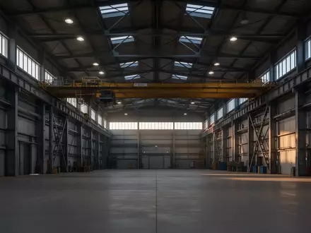 Weite, menschenleere Industriehalle einer Fertigungsstätte mit hohen Stahldecken und Betonboden bei natürlichem Licht. - Foto: über boerse-global.de