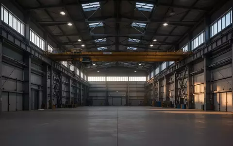 Weite, menschenleere Industriehalle einer Fertigungsstätte mit hohen Stahldecken und Betonboden bei natürlichem Licht. - Foto: über boerse-global.de