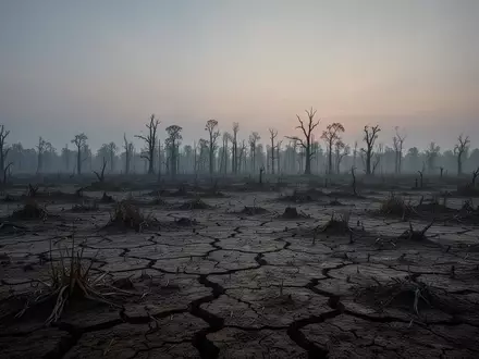 Eine weitläufige, trockene und rissige Erdoberfläche in einer kargen Landschaft unter einem diesigen Dämmerungshimmel. - Foto: über boerse-global.de