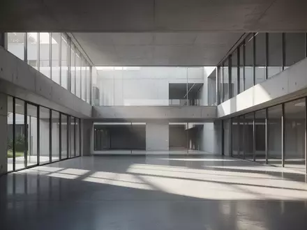 Minimalistische, moderne Architektur mit klaren Linien und natürlichem Lichteinfall in einem leeren Atrium. - Foto: über boerse-global.de