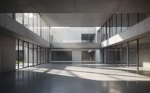 Minimalistische, moderne Architektur mit klaren Linien und natürlichem Lichteinfall in einem leeren Atrium. - Foto: über boerse-global.de