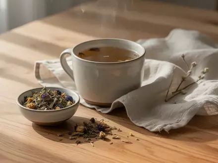 Eine Tasse Kräutertee und getrocknete Pflanzen auf einem Holztisch in weichem Tageslicht. - Foto: über boerse-global.de