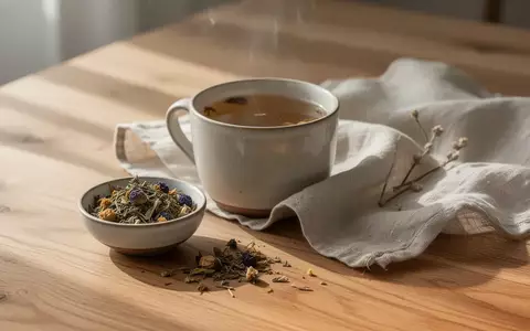 Eine Tasse Kräutertee und getrocknete Pflanzen auf einem Holztisch in weichem Tageslicht. - Foto: über boerse-global.de